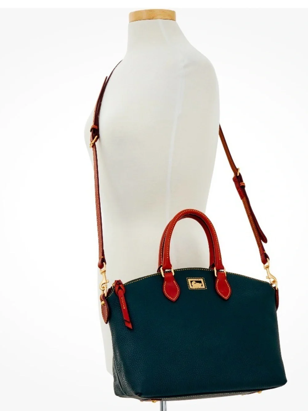 Dooney & Bourke Dillen Satchel Denim Pebbled Leather Brown Trim Crossbody Strap